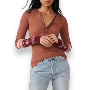 Free People Mikah Layering Cuff Shirt Women’s M Crochet Knit V-neck Brown Orange